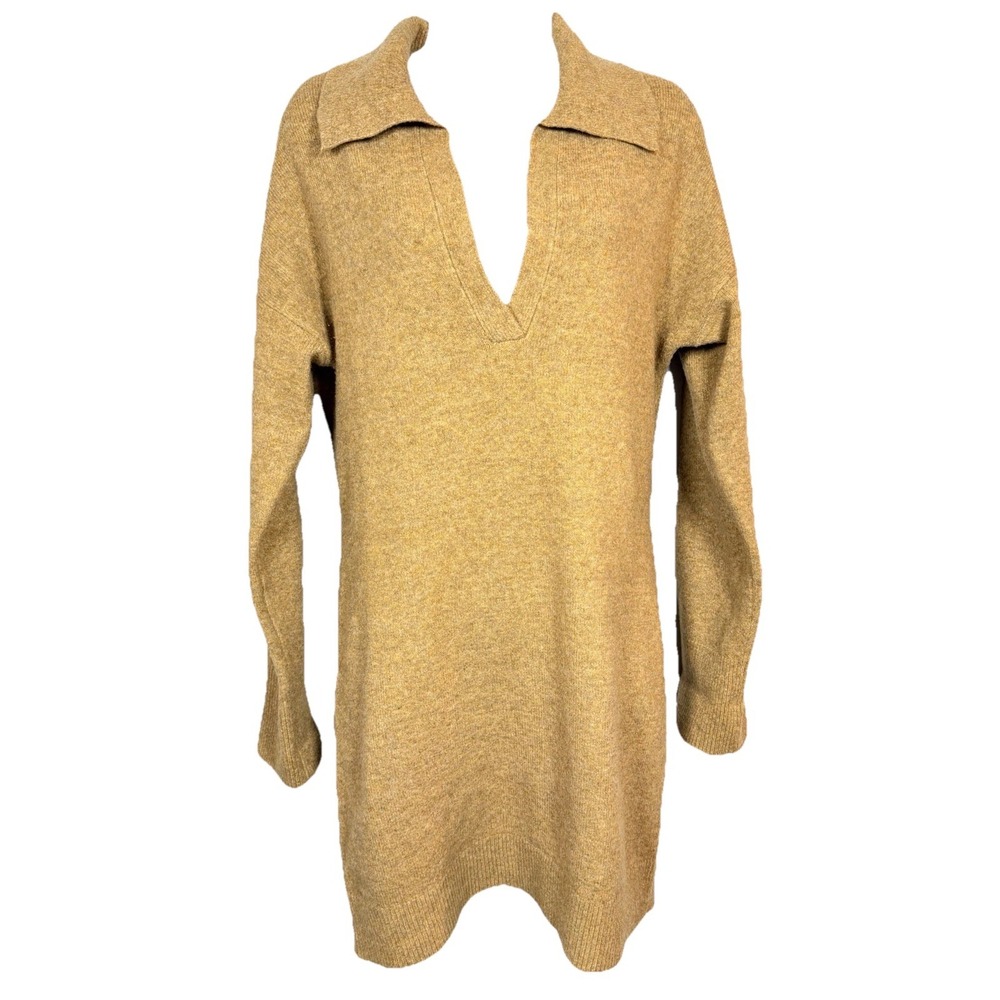 Abercrombie & Fitch Sweater Dress Womens Small Tan V Neck Collared Long Sleeve